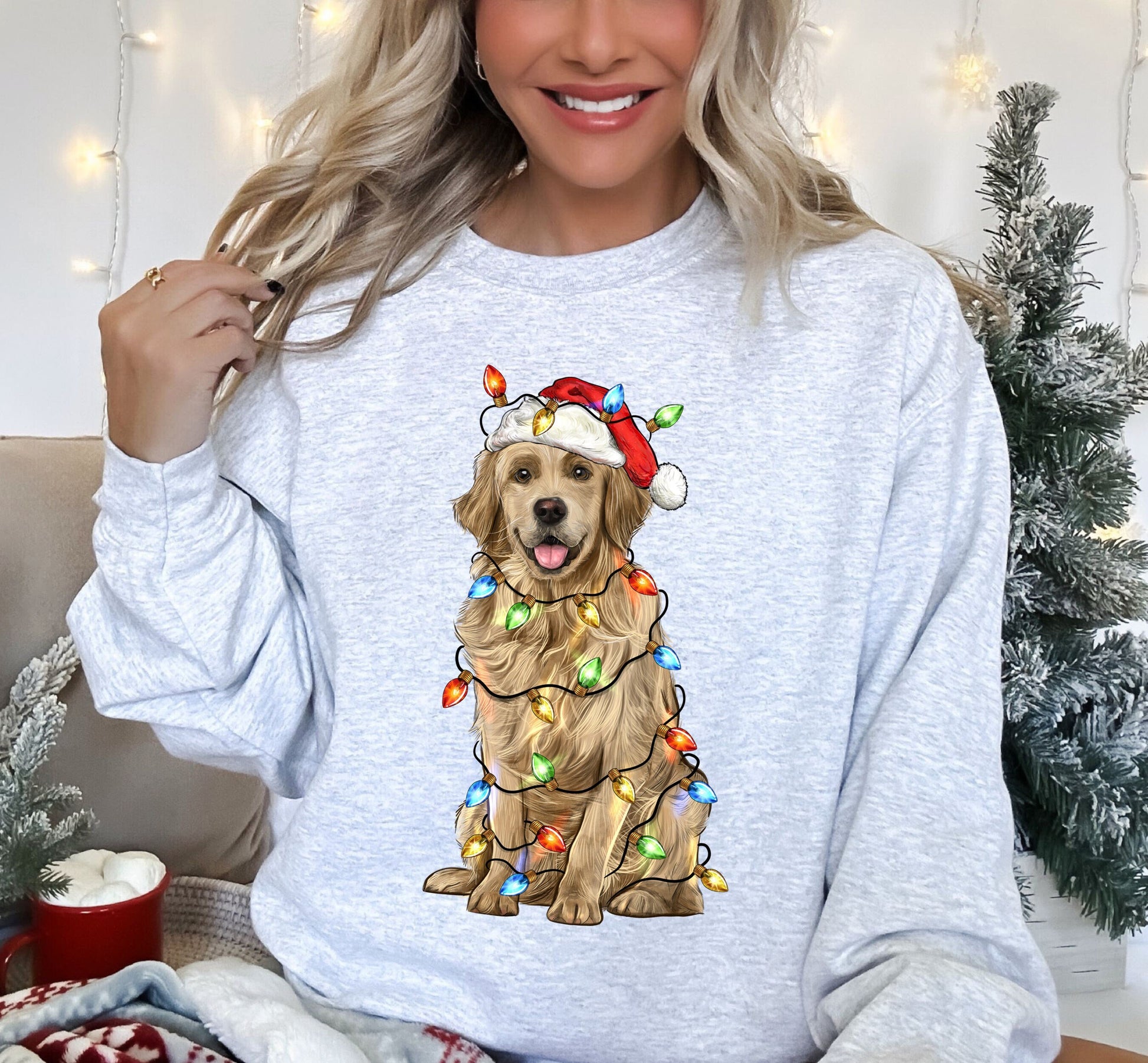 Christmas Golden Retriever Sweatshirt Light Gray Small