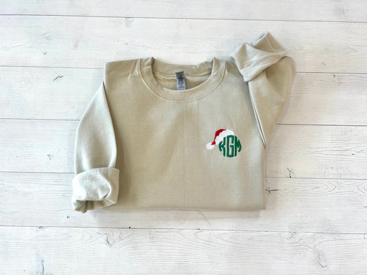 Embroidered Christmas monogram Sweatshirt, Santa hat Sweatshirt, Customized xmas shirt, Holiday embroidery shirt, Personalize Santa hat tee - Up2ournecksinfabric