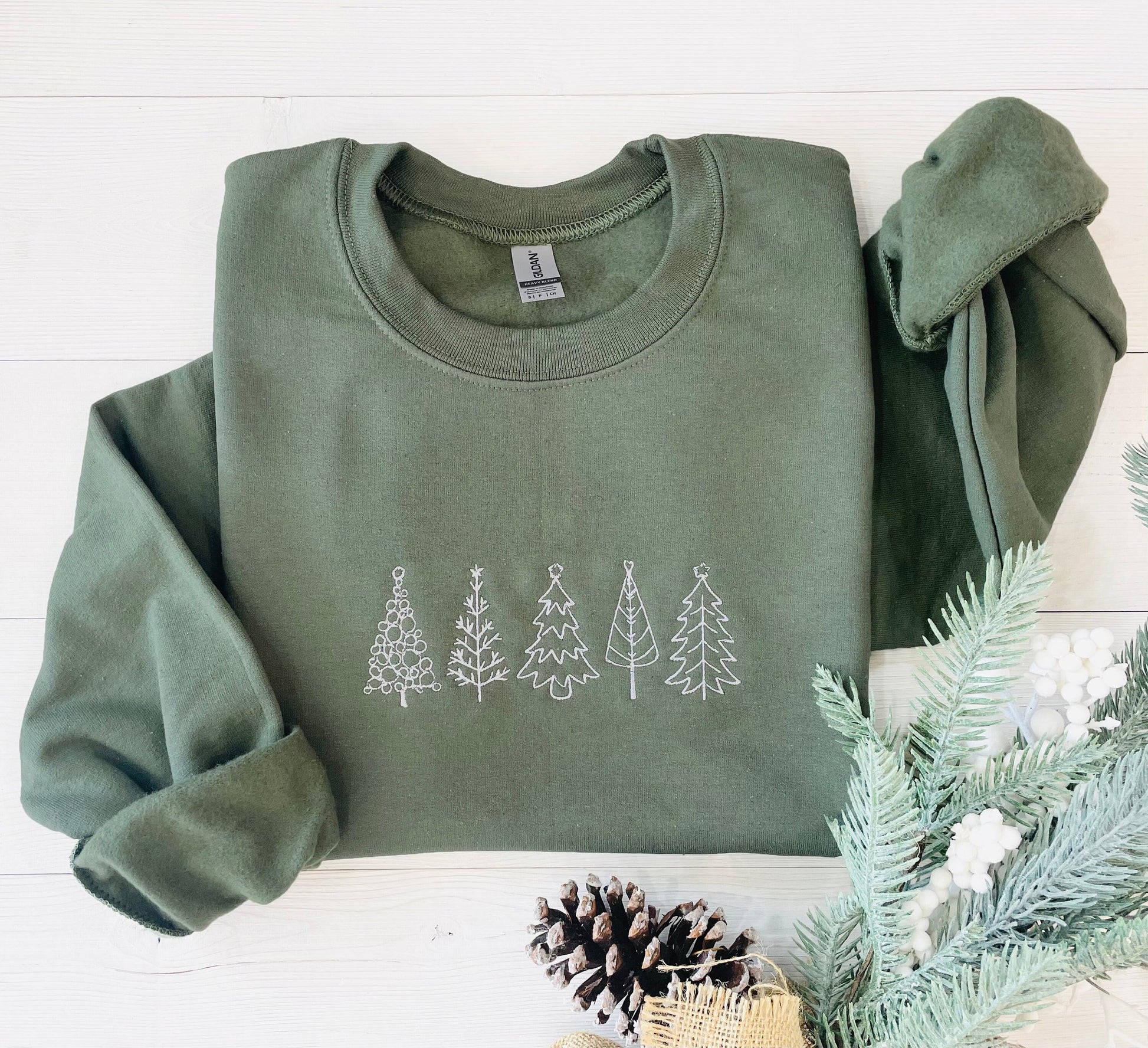 Christmas Tree Embroidered Sweatshirt Embroidered Christmas Sweatshirt Military Green Small