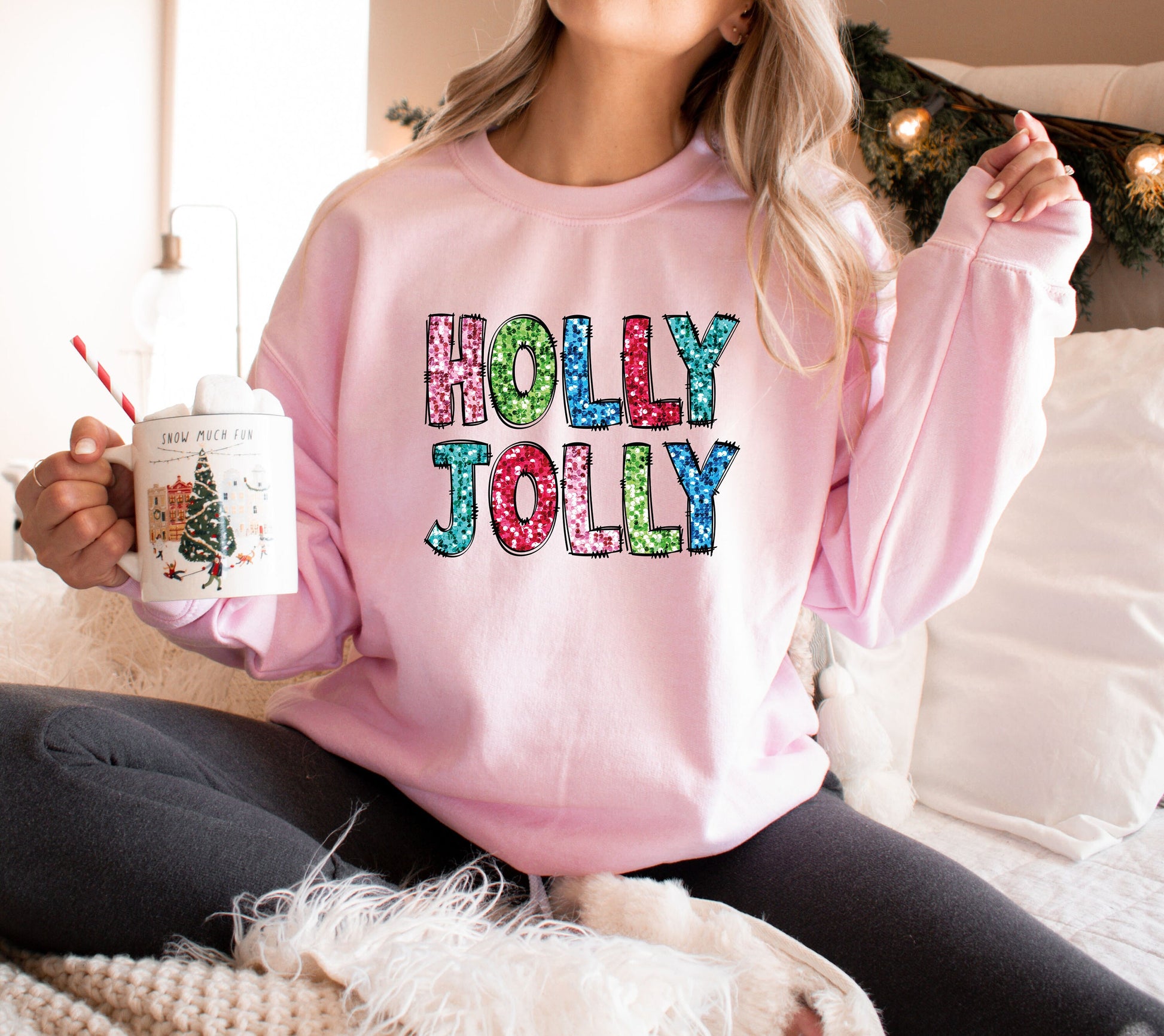 Holly jolly Sweatshirt, Christmas sparkle shirt, womens Christmas shirt, Christmas Outfit, womens christmas shirt, Christmas Sweater glitter - Up2ournecksinfabric