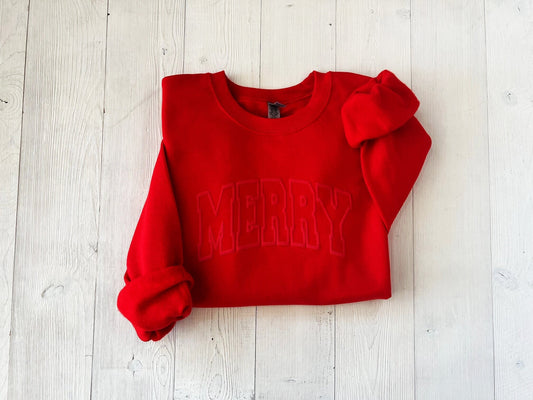 Embossed Merry shirt, Christmas sweatshirt, Women's Holiday Sweatshirt, Christmas Outfit, Sweatshirt for Holiday party, Festive xmas shirt - Up2ournecksinfabric