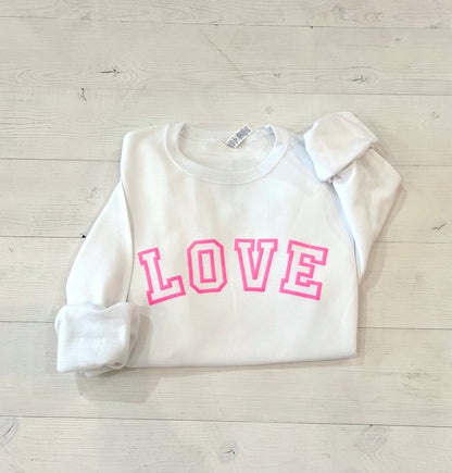 puff love sweatshirt, Valentine's day crewneck, Varsity Love embossed shirt, Galentine's day women's top, gift for tween, gift for her, love - Up2ournecksinfabric