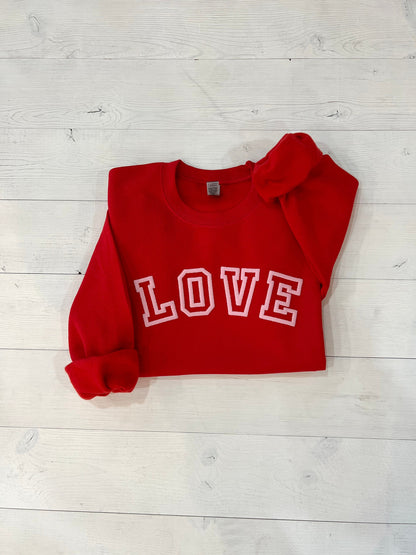 puff love sweatshirt, Valentine's day crewneck, Varsity Love embossed shirt, Galentine's day women's top, gift for tween, gift for her, love - Up2ournecksinfabric