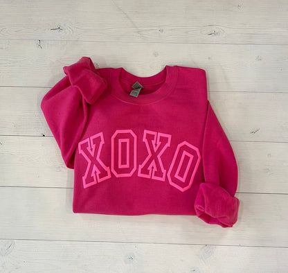 puff xoxo sweatshirt, hot pink xoxo top, Valentine's day top, Galentine's day shirt, xoxo varsity embossed shirt, cute v-day outfit - Up2ournecksinfabric