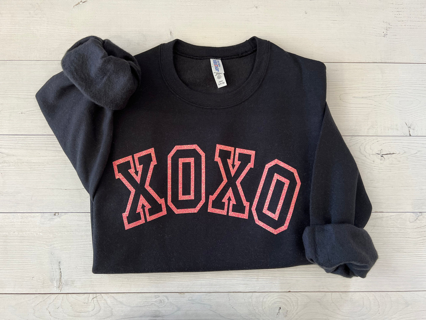 glitter xoxo sweatshirt, hot pink xoxo top, Valentine's day top, Galentine's day shirt, xoxo varsity sparkle shirt, cute v-day outfit