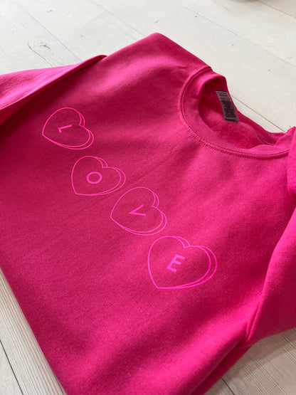 Love Valentine's Day Sweatshirt, Candy Hearts Sweater, Light Pink Crewneck, Galentines Day Top, Valentine Day Gift - Up2ournecksinfabric