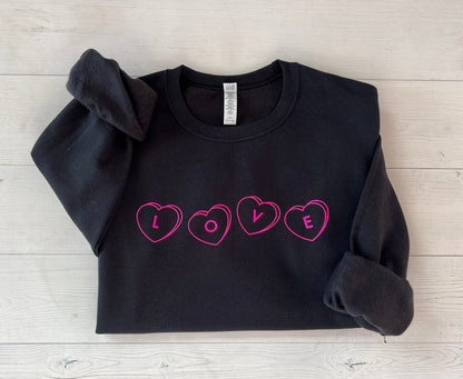 Love Valentine's Day Sweatshirt, Candy Hearts Sweater, Light Pink Crewneck, Galentines Day Top, Valentine Day Gift - Up2ournecksinfabric