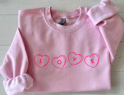 Love Valentine's Day Sweatshirt, Candy Hearts Sweater, Light Pink Crewneck, Galentines Day Top, Valentine Day Gift - Up2ournecksinfabric