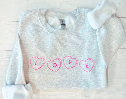 Love Valentine's Day Sweatshirt, Candy Hearts Sweater, Light Pink Crewneck, Galentines Day Top, Valentine Day Gift - Up2ournecksinfabric