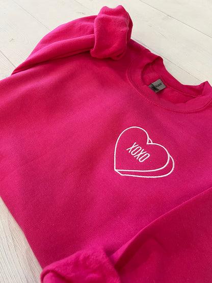 Embroidered Hot Pink Sweatshirt, Valentines day Crewneck, xoxo sweater, Valentines day gift, Heart Pocket - Up2ournecksinfabric