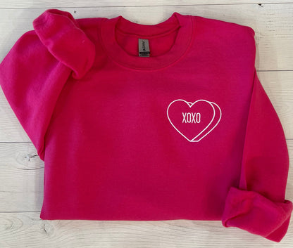 Embroidered Hot Pink Sweatshirt, Valentines day Crewneck, xoxo sweater, Valentines day gift, Heart Pocket - Up2ournecksinfabric