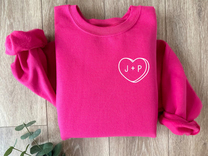 personalized Valentine's day gift, V-day gift for her, couples sweatshirt, his and hers initial shirt, hot pink crewneck, embroidered shirt - Up2ournecksinfabric