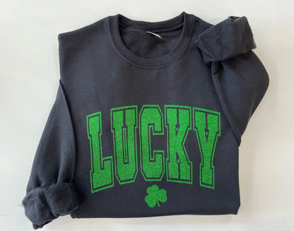 Varsity lucky crewneck, glitter St. Patricks day shirt, clover glitter st. paddys day sweater, Lucky with shamrock top, irish parade shirt - Up2ournecksinfabric