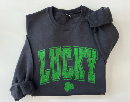 Glitter lucky sweatshirt, St. Patricks day sweater, Shamrock sparkle shirt, St. paddys day top, lucky clover top, St. patty's day crewneck - Up2ournecksinfabric