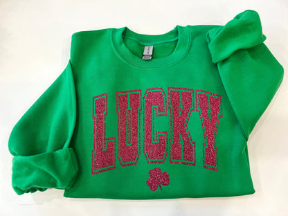 Varsity lucky crewneck, glitter St. Patricks day shirt, clover glitter st. paddys day sweater, Lucky with shamrock top, irish parade shirt - Up2ournecksinfabric