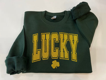 Varsity lucky crewneck, glitter St. Patricks day shirt, clover glitter st. paddys day sweater, Lucky with shamrock top, irish parade shirt - Up2ournecksinfabric