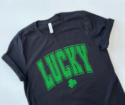 Lucky glitter shirt, Womens St patricks day t-shirt, glitter shamrock, irish tee, St. Patricks day shirt, pub outfit, comfy streetwear - Up2ournecksinfabric