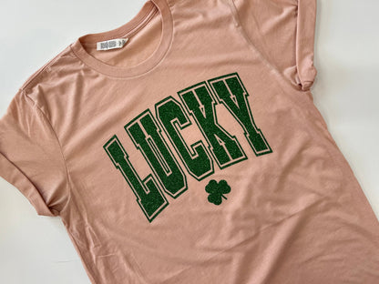 Lucky glitter shirt, Womens St patricks day t-shirt, glitter shamrock, irish tee, St. Patricks day shirt, pub outfit, comfy streetwear - Up2ournecksinfabric