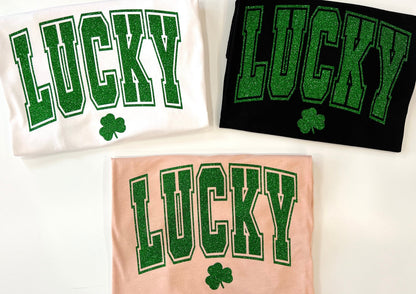 Lucky glitter shirt, Womens St patricks day t-shirt, glitter shamrock, irish tee, St. Patricks day shirt, pub outfit, comfy streetwear - Up2ournecksinfabric