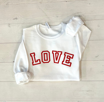 puff love sweatshirt, Valentine's day crewneck, Varsity Love embossed shirt, Galentine's day women's top, gift for tween, gift for her, love - Up2ournecksinfabric