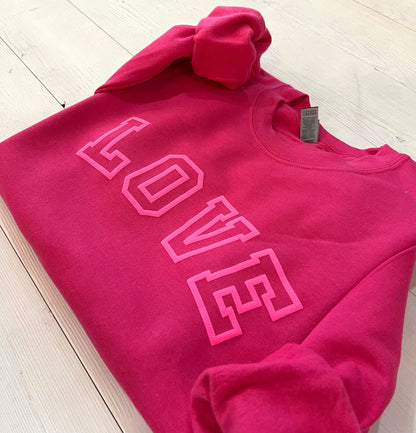 puff love sweatshirt, Valentine's day crewneck, Varsity Love embossed shirt, Galentine's day women's top, gift for tween, gift for her, love - Up2ournecksinfabric