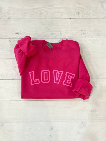 puff love sweatshirt, Valentine's day crewneck, Varsity Love embossed shirt, Galentine's day women's top, gift for tween, gift for her, love - Up2ournecksinfabric