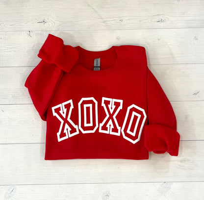 puff xoxo sweatshirt, hot pink xoxo top, Valentine's day top, Galentine's day shirt, xoxo varsity embossed shirt, cute v-day outfit - Up2ournecksinfabric