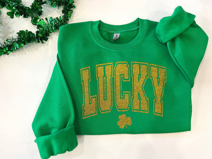 Varsity lucky crewneck, glitter St. Patricks day shirt, clover glitter st. paddys day sweater, Lucky with shamrock top, irish parade shirt - Up2ournecksinfabric