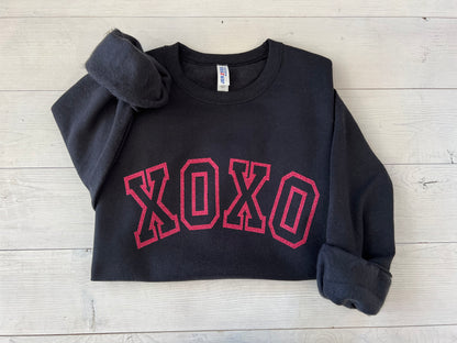 glitter xoxo sweatshirt, hot pink xoxo top, Valentine's day top, Galentine's day shirt, xoxo varsity sparkle shirt, cute v-day outfit - Up2ournecksinfabric