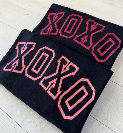 glitter xoxo sweatshirt, hot pink xoxo top, Valentine's day top, Galentine's day shirt, xoxo varsity sparkle shirt, cute v-day outfit - Up2ournecksinfabric