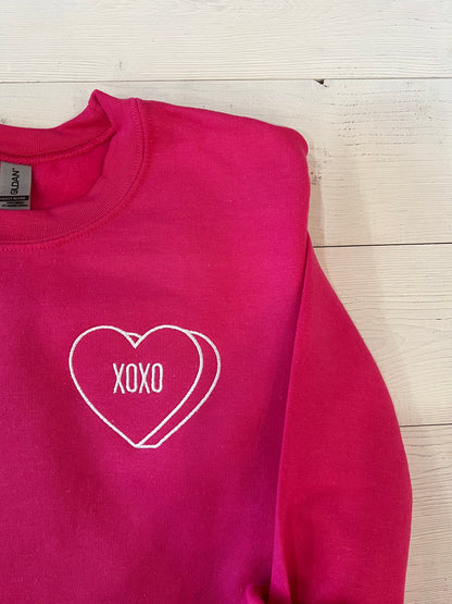 Embroidered Hot Pink Sweatshirt, Valentines day Crewneck, xoxo sweater, Valentines day gift, Heart Pocket - Up2ournecksinfabric