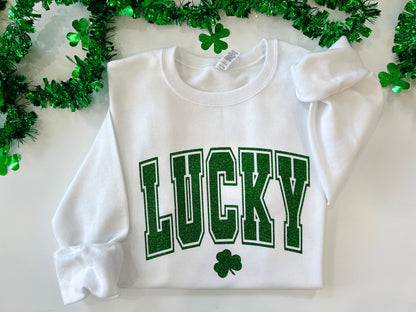 Varsity lucky crewneck, glitter St. Patricks day shirt, clover glitter st. paddys day sweater, Lucky with shamrock top, irish parade shirt - Up2ournecksinfabric