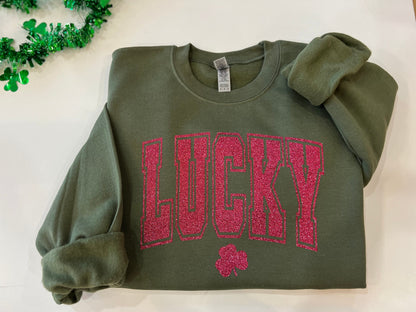 Varsity lucky crewneck, glitter St. Patricks day shirt, clover glitter st. paddys day sweater, Lucky with shamrock top, irish parade shirt - Up2ournecksinfabric