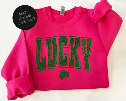 Glitter lucky sweatshirt, St. Patricks day sweater, Shamrock sparkle shirt, St. paddys day top, lucky clover top, St. patty's day crewneck - Up2ournecksinfabric