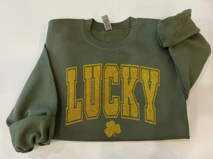 Varsity lucky crewneck, glitter St. Patricks day shirt, clover glitter st. paddys day sweater, Lucky with shamrock top, irish parade shirt - Up2ournecksinfabric