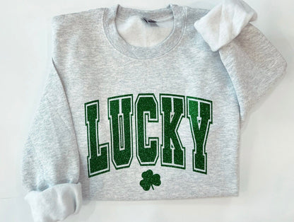 Varsity lucky crewneck, glitter St. Patricks day shirt, clover glitter st. paddys day sweater, Lucky with shamrock top, irish parade shirt - Up2ournecksinfabric