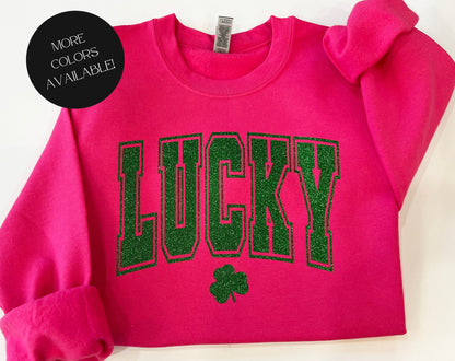 Varsity lucky crewneck, glitter St. Patricks day shirt, clover glitter st. paddys day sweater, Lucky with shamrock top, irish parade shirt - Up2ournecksinfabric