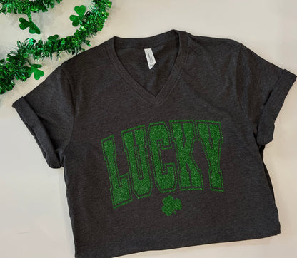 Cute St. Patricks day tshirt, Lucky glitter shamrock tee, Womens st pattys day shirt, womens st paddys outfits, drinking tops, darty outfit - Up2ournecksinfabric