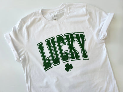 Lucky glitter shirt, Womens St patricks day t-shirt, glitter shamrock, irish tee, St. Patricks day shirt, pub outfit, comfy streetwear - Up2ournecksinfabric