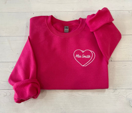 personalized Valentine's day gift, V-day gift for teacher, teacher sweatshirt, hot pink crewneck, embroidered shirt, gift for her