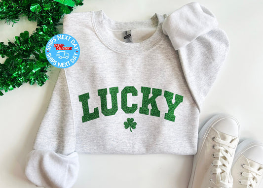 Lucky Sweatshirt, St Patty's Glitter Sweatshirt, Women's Lucky Crewneck Sweatshirt, Women's St Patrick's Day Sweatshirt, Lucky Shirt - Up2ournecksinfabric