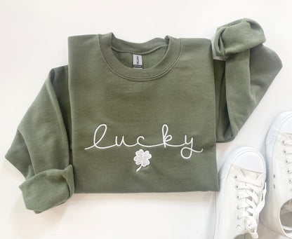 Embroidered St Patty's Day Sweatshirt, Embroidered Lucky Sweatshirt, Lucky Shirt, St Patrick's Shirt, Women's Lucky Shirt, Irish Sweatshirt - Up2ournecksinfabric