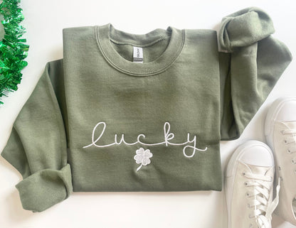 Embroidered St Patty's Day Sweatshirt, Embroidered Lucky Sweatshirt, Lucky Shirt, St Patrick's Shirt, Women's Lucky Shirt, Irish Sweatshirt - Up2ournecksinfabric