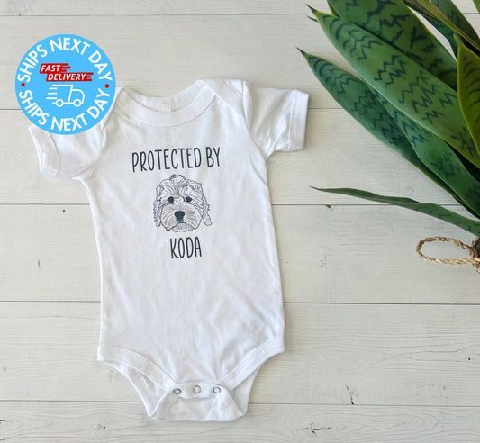 Personalized Baby Announcement, Baby Protected By Dog Bodysuit, Dog Shirts for Kids, Pregnancy Reveal, New Dog Mom Gift, New Dog Gift - Up2ournecksinfabric