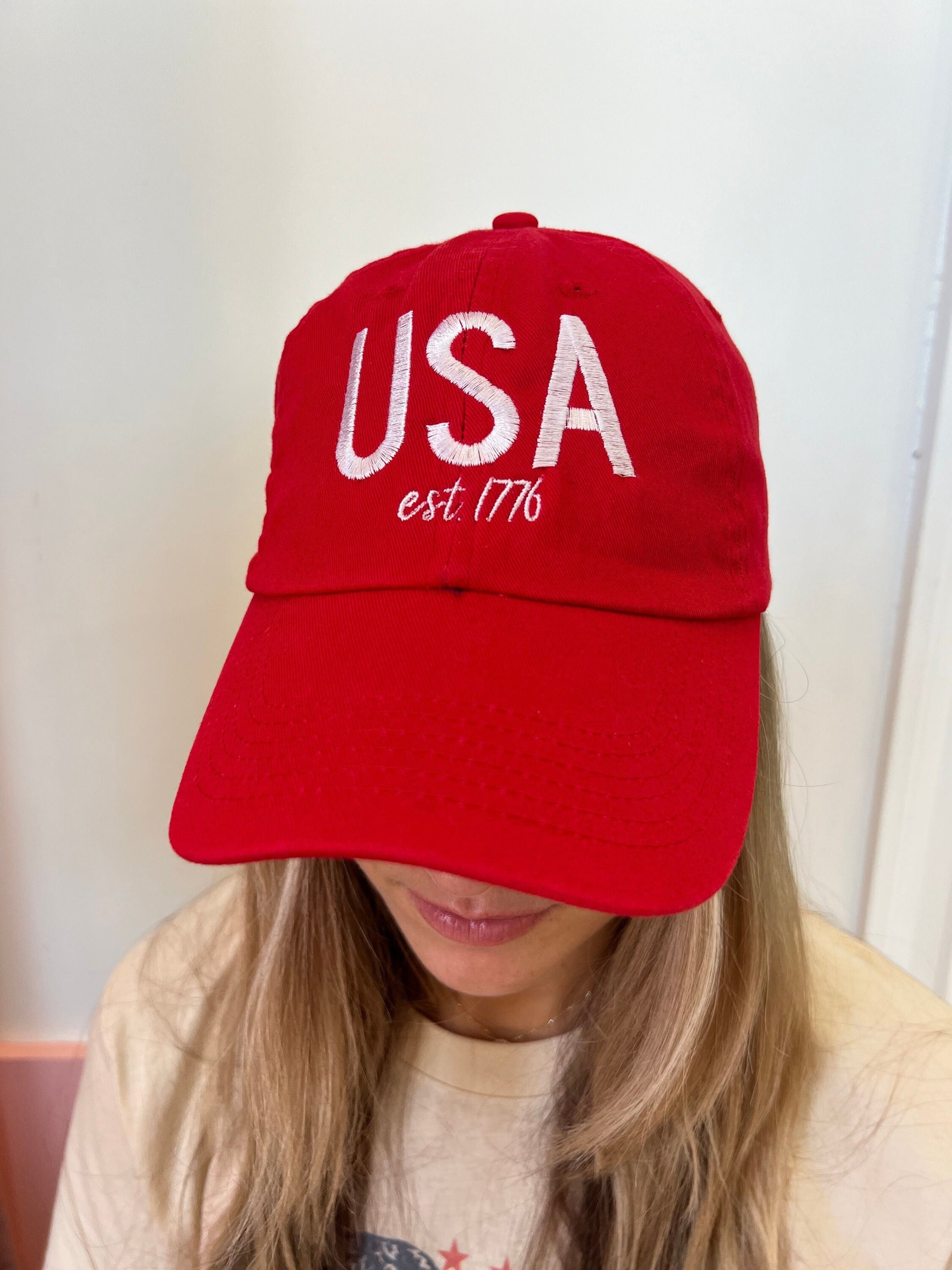 Embroidered USA 1776 Baseball Hat Red White - Main Image
