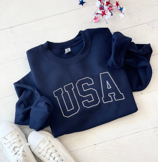 Embroidered USA Sweatshirt, Women's 4th Of July Sweatshirt, Embroidered 4th Of July Sweater, 4th Of July Crewneck Sweatshirt, USA Crewneck