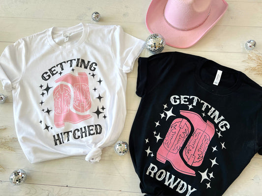 Getting Hitched Getting Rowdy T-shirts, Bachelorette Trip, Matching Bridal Party, Celebrating Our Bride, Western Outfits, Bachlorette Outfit