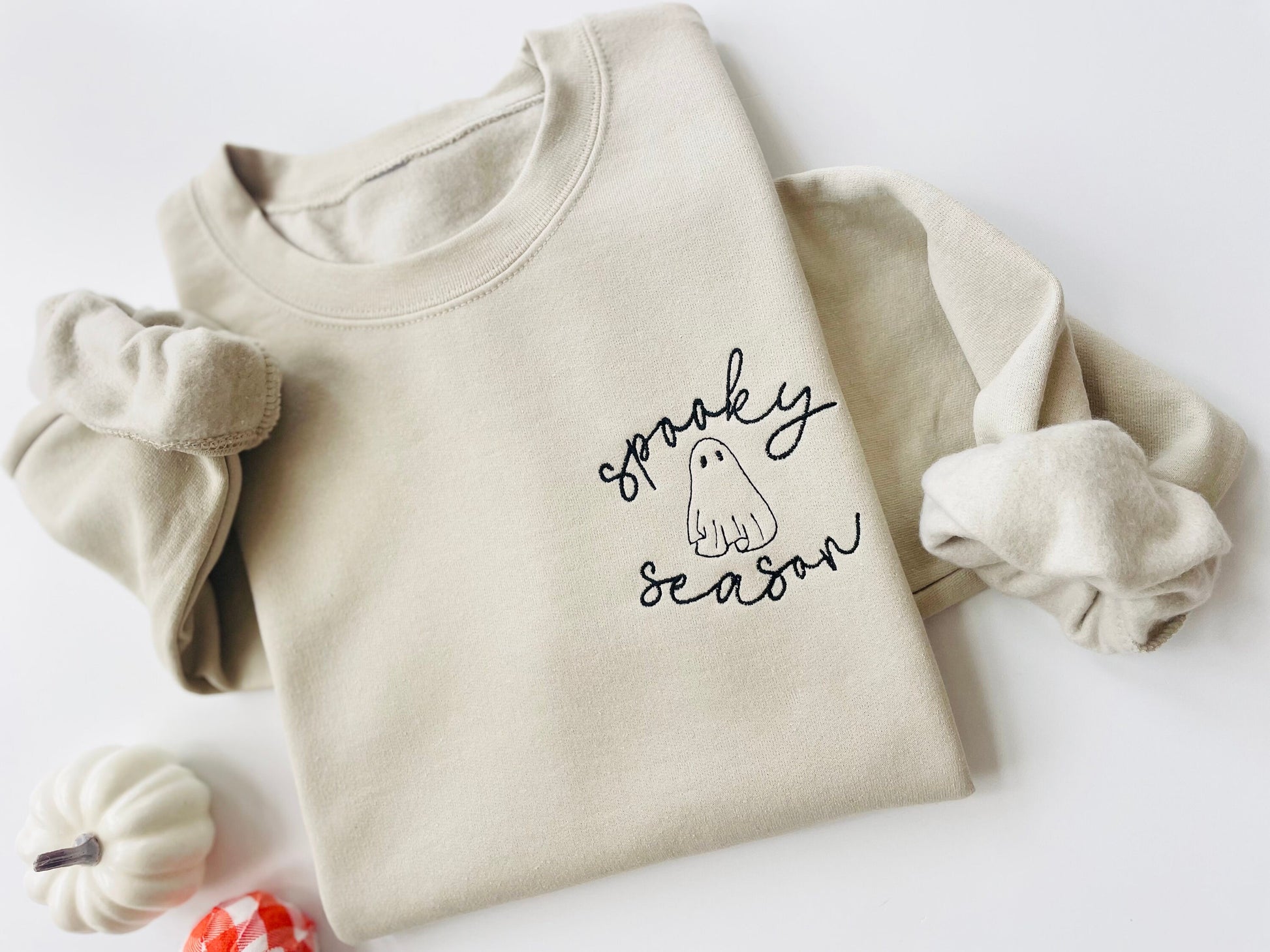 Spooky Ghost Halloween Embroidered Sweatshirt Sand XS