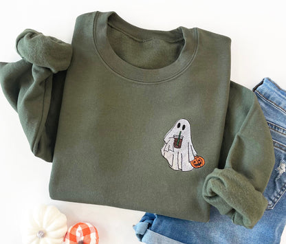 Embroidered Halloween Coffee Lovin' Ghost Sweatshirt - Up2ournecksinfabric