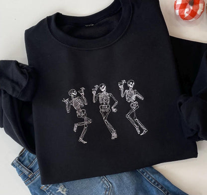 Embroidered Halloween Dancing Martini Skeleton Sweatshirt - Up2ournecksinfabric